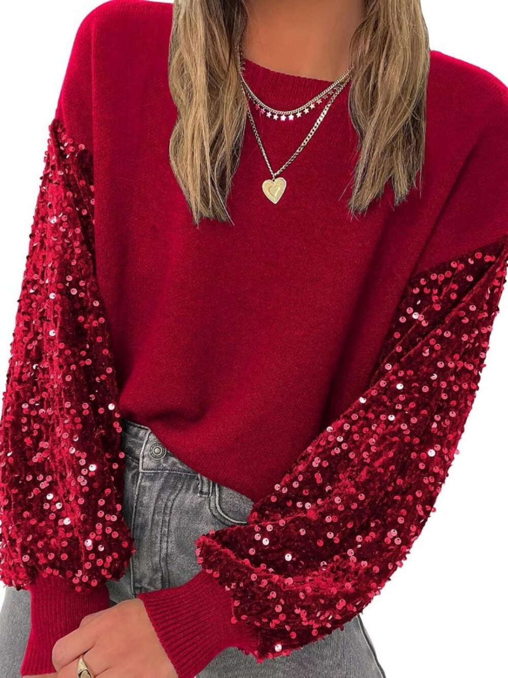 Sequin Long Sleeve Crewneck Pullover Sweater - Casual Patchwork Style for Women